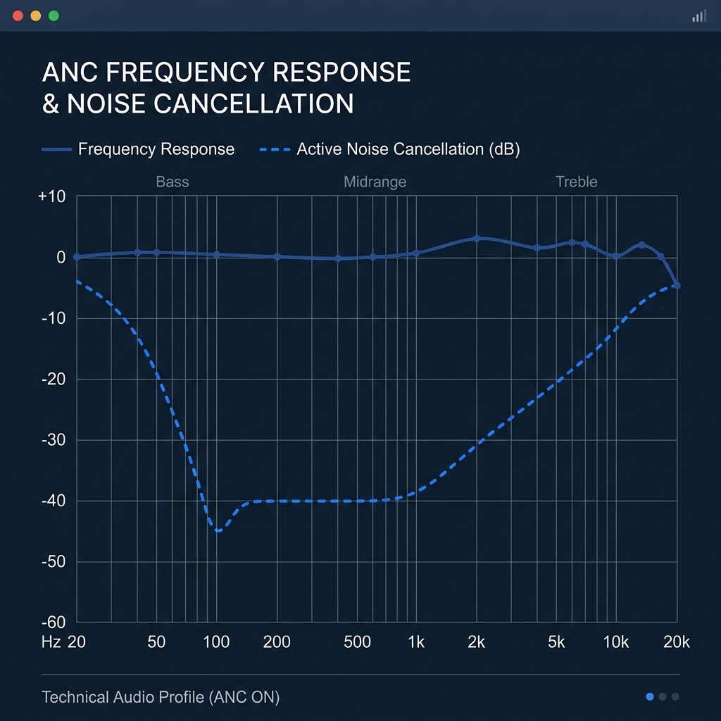 Technical audio frequency wave graph showing ANC attenuation performance